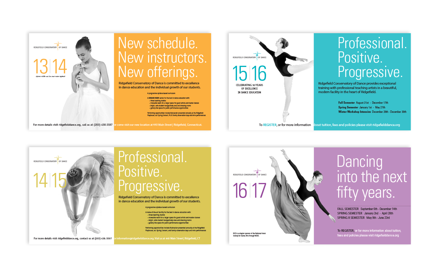 Annual postcard mailings for Ridgefield Conservatory of Dance displaying bold color and captivating imagery which is integral to their branding