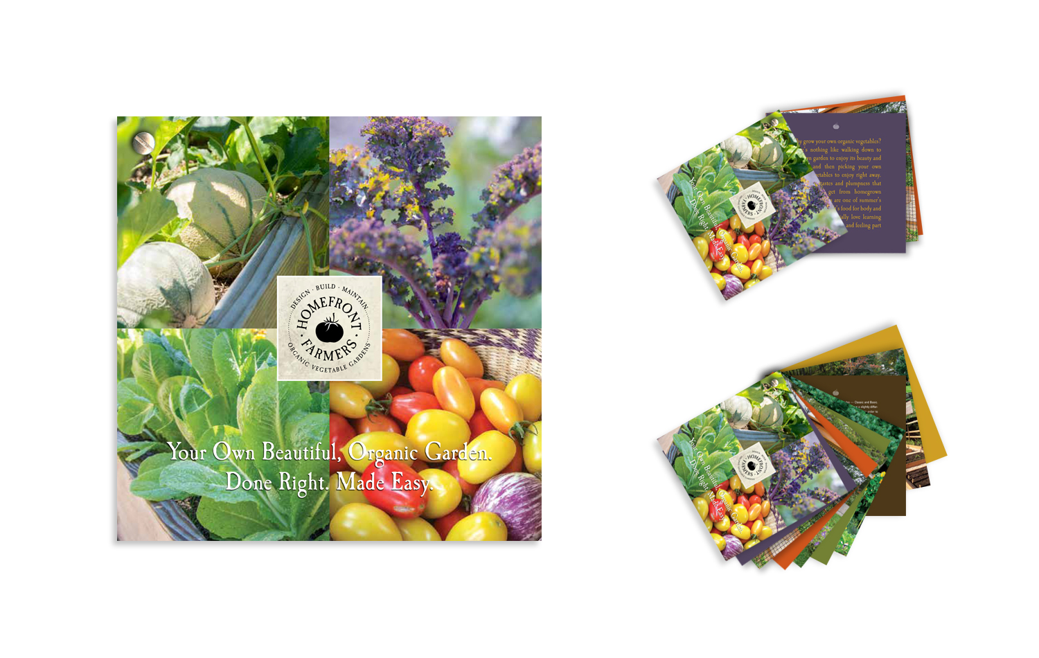 Square postcards containing large photos of produce and bold color with copy are secured with a screw post for upscale mailing