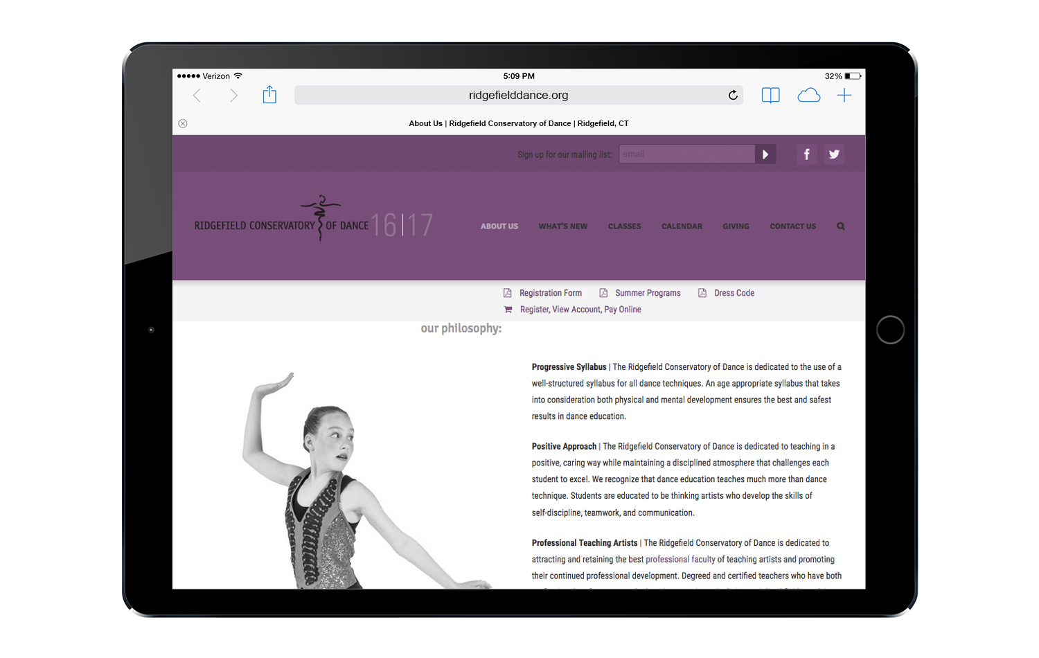 Sample interior page of Ridgefield Conservatory of Dance website