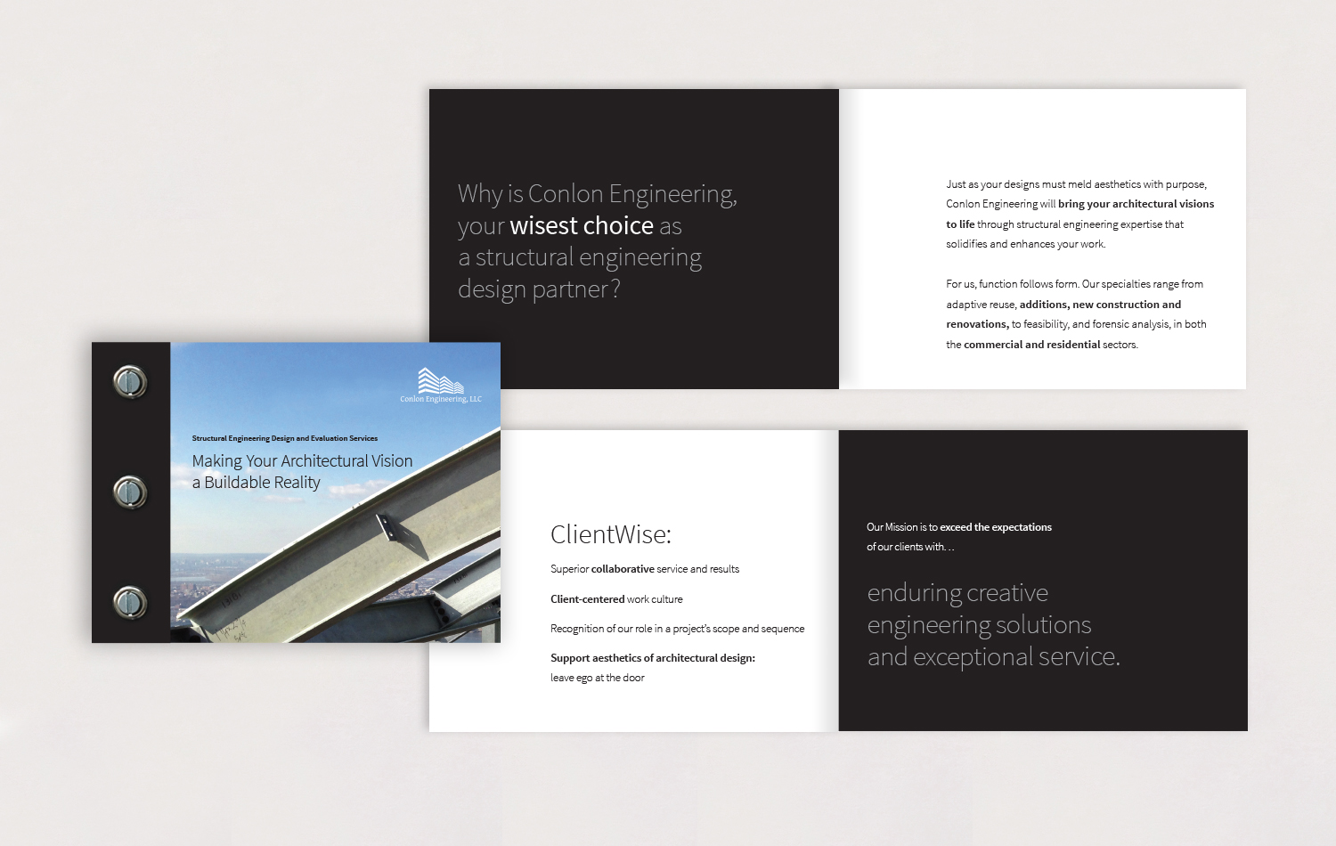 Sample interior pages from an upscale direct mail initiative that describes the services provided by Conlon Engineering