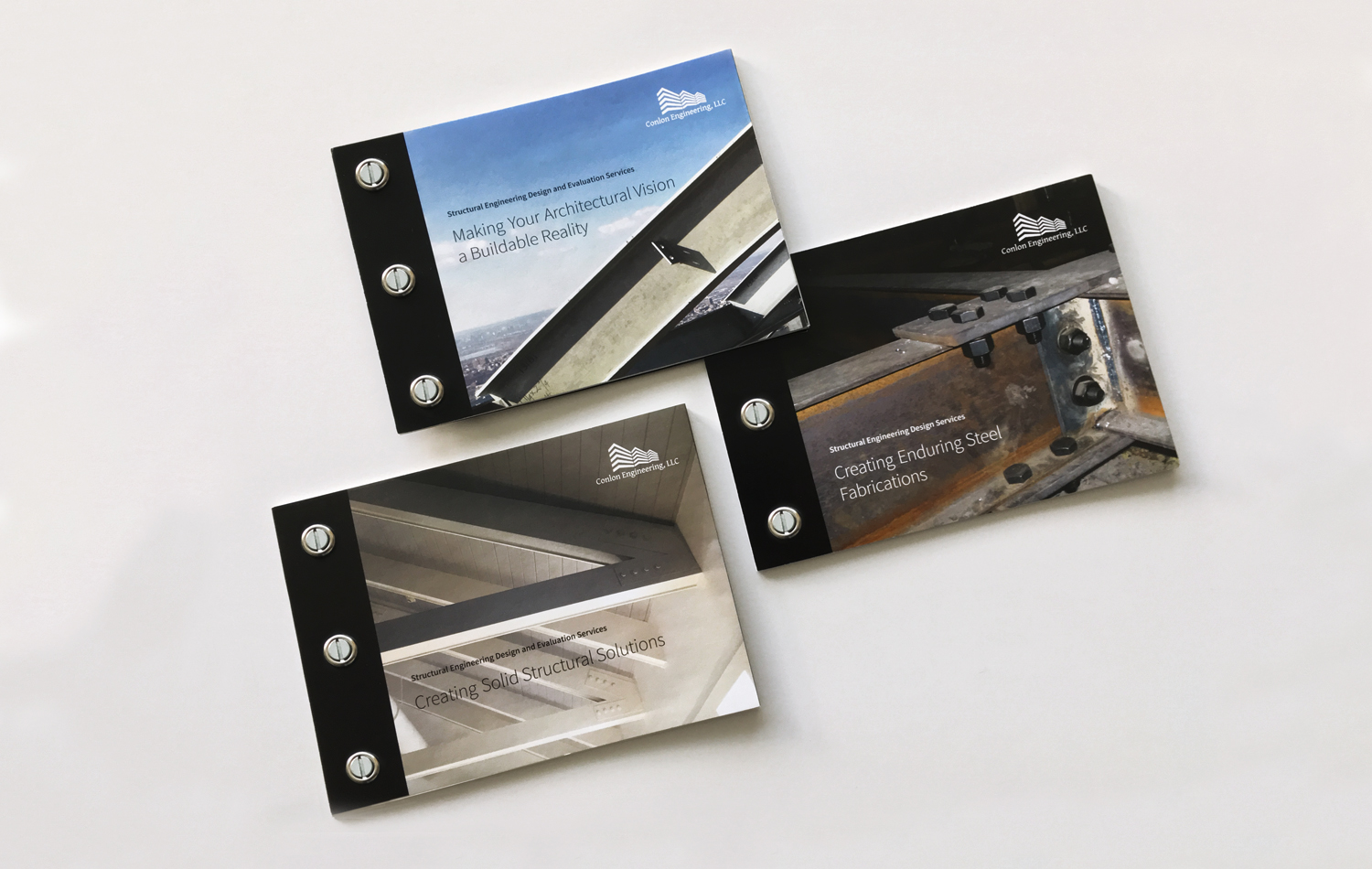 Three targeted brochures secured with screws and bolts and sent out by Conlon Engineering in an upscale direct mail initiative