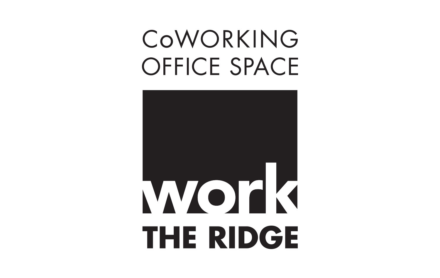 The logo design for Work the Ridge, a co-working office space, shows the word WORK simply appearing within a black square