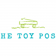 A hand-drawn rendering of a child’s wagon in bright green and aqua create a new logo design for The Toy Post.