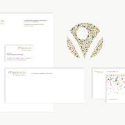 Letterhead, envelope, business card and note card reflecting new visual brand identity for RVNAhealth rebranding