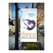 Lamp post banner containing a large bold image of a dancer that is promoting Ridgefield Conservatory of Dance